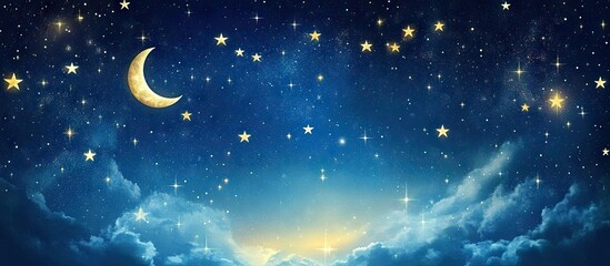 Aufkleber - Majestic night sky with deep blue hues adorned by twinkling stars and a crescent moon amidst soft white clouds at the horizon.