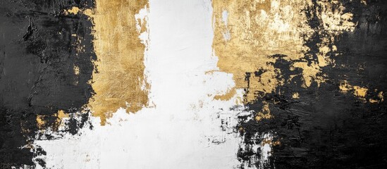 Leinwandbilder - Abstract artwork in black, white, and gold hues showcases dynamic brushstrokes, highlighting texture and richness for a captivating visual experience.
