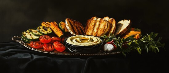 Poster - Grilled vegetable sandwich with crispy toasts and hummus dip on a silver platter against a dark backdrop featuring greens and reds in composition