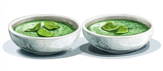 Poster - Green soup in marble bowls garnished with lime slices, placed symmetrically on a white background, highlighting freshness and vibrant colors.