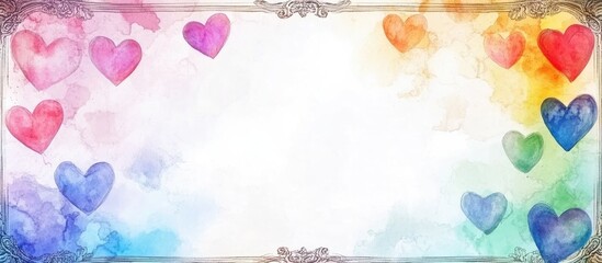 Poster - Colorful watercolor hearts in pink, blue, and green within an ornate silver frame on white paper providing an ideal text canvas.