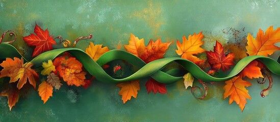 Aufkleber - Vibrant green ribbon elegantly intertwined with orange and red autumn leaves against a lively green background showcasing fall foliage beauty