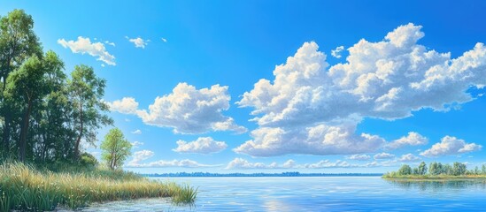 Aufkleber - Serene landscape featuring a vibrant blue sky with fluffy white cumulus clouds reflected in a calm river surrounded by lush green trees and grass.