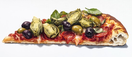 Poster - Artichoke and olive pizza slice on a white background featuring vibrant greens and purples atop a golden crust with melted cheese.