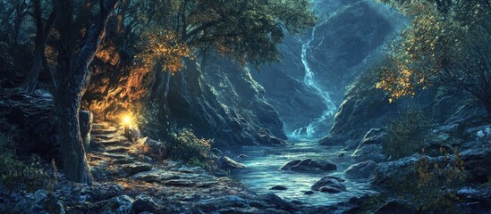 Aufkleber - Mysterious canyon illuminated by a warm flashlight glow with lush greenery on both sides and a serene stream flowing through the rocky terrain