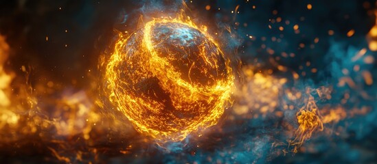 Fototapete - Fiery cosmic sphere surrounded by glowing orange and blue particles, center positioned, showcasing dynamic energy and vivid color contrast.