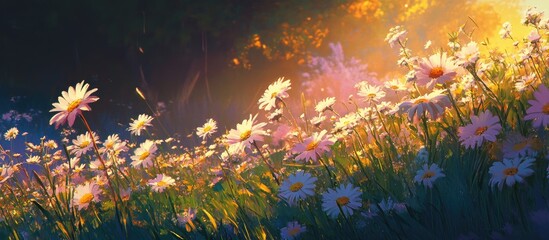 Aufkleber - Vibrant summer meadow scene with flourishing white daisies and bright green grass under warm golden sunlight creating a lively colorful landscape