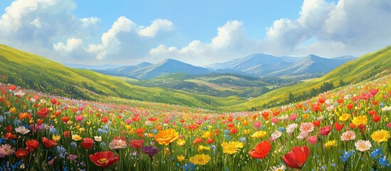 Aufkleber - Vibrant panoramic view of rolling hills adorned with colorful wildflowers under a bright blue sky with fluffy clouds in a serene spring landscape