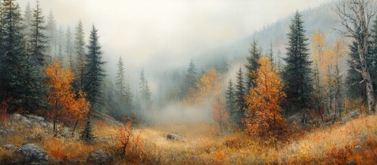 Poster - Serene autumn landscape with misty hills, vibrant orange and yellow foliage, evergreen trees in background, soft gray fog enveloping the scene.