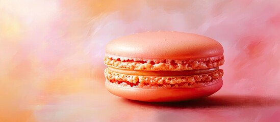 Poster - Pastel pink macaron centered against a softly blurred peach and lavender background highlighting its delicate texture and creamy filling.