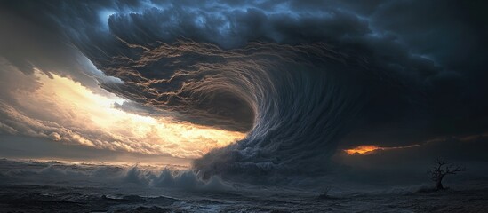 Poster - Majestic dark ocean wave crashing under stormy clouds with vibrant orange light breaking through on the horizon in dynamic landscape composition.