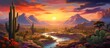 © meristock - Vibrant desert landscape with colorful winding river in foreground, cacti positioned throughout, and dramatic sunset under a rich, multicolored sky.