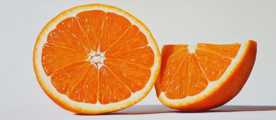Poster - Vibrant orange fruit halves display rich juicy texture on a clean white background with one half positioned prominently at center and the other slightly angled