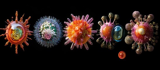 Fototapete - Colorful abstract representations of viruses on a black background showcasing detailed textures and vibrant colors arranged in a line from left to right