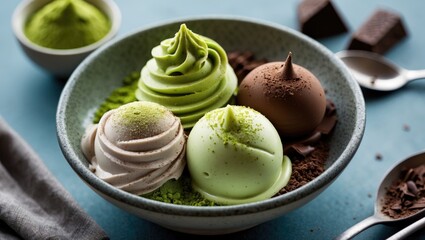 Canvas Print - Matcha and Chocolate Gelato Dessert in Bowl with Garnishes and Chocolate Squares