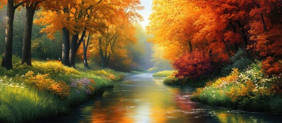 Poster - Tranquil autumn river scene featuring rich orange and yellow foliage on lush green banks peaceful reflection in clear water
