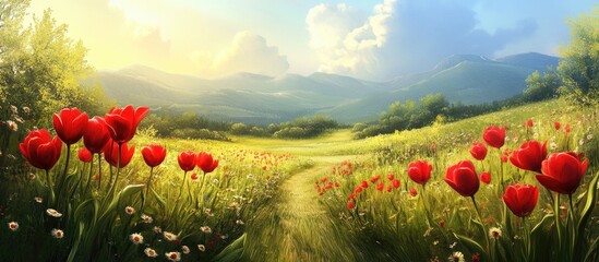 Aufkleber - Vibrant red tulips in a sunlit meadow surrounded by lush greenery with rolling hills under a clear blue sky and fluffy white clouds.