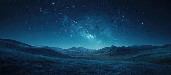 Poster - Starry night landscape with a bright milky way galaxy shining over dark blue hills and distant mountains under a deep blue sky