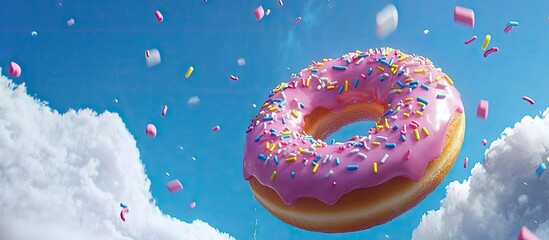 Poster - Vibrant pink donut with colorful sprinkles floating in a bright blue sky surrounded by fluffy white clouds, evoking a whimsical, joyful atmosphere.