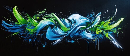 Leinwandbilder - Vivid blue and green 3D spray paint waves against a dark backdrop create a dynamic visual contrast and energetic artistic expression.