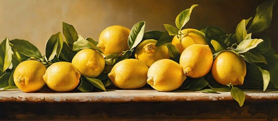 Aufkleber - Fresh lemons with vibrant yellow hue placed on a rustic wooden table, surrounded by lush green lime leaves against a soft earthy backdrop.