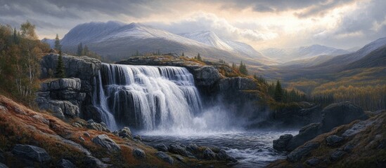 Aufkleber - Majestic waterfall cascading over rocky landscape in a serene highland setting with dramatic clouds and a soft light illuminating the scene.