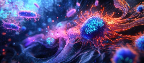 Fototapete - Colorful abstract representation of bacteria in vivid blues and purples with intricate orange and pink details against a dark background.