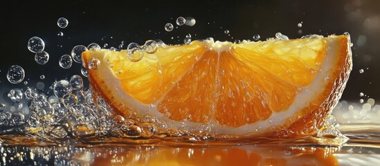 Poster - Refreshing orange wedge submerged in sparkling water with bubbles, vibrant orange slice centered, dark background enhancing the delightful scene.