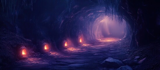 Aufkleber - Dimly lit underground passage with flickering orange lights along the left side and shadows creating a mysterious atmosphere in shades of blue and purple