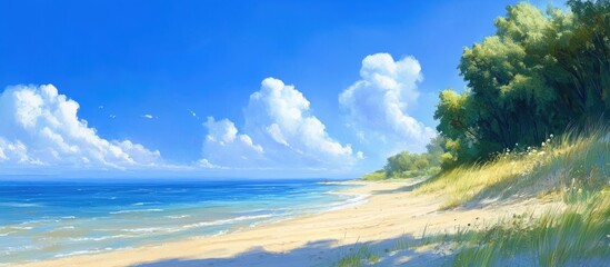 Aufkleber - Serene beach landscape with golden sand, lush green trees on the left, vibrant blue sky with fluffy white clouds, and calm ocean waves in the background.
