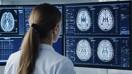 Poster - Medical Professional Analyzes Brain Scans on Multiple Monitors, Focusing on Detailed Human Brain Images in Modern Facility, Highlighting Advanced Technology in Healthcare and Clinical Diagnosis