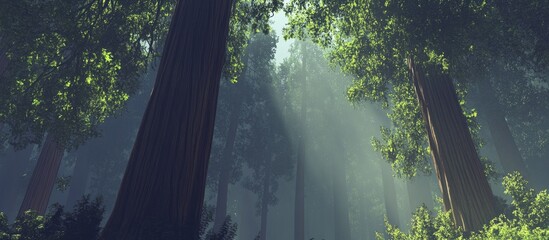 Aufkleber - Majestic redwood trees towering from a low angle in a misty forest with dappled sunlight filtering through green foliage and shadows.