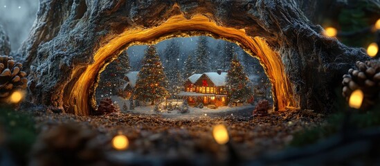 Aufkleber - Wooden tree trunk frame with warm golden glow surrounding a cozy festive cabin and snowy pine trees, illuminated by soft glowing lights.