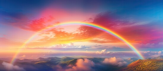 Poster - Vibrant double rainbow arching over a colorful sunset sky with vivid pink and orange hues illuminating soft clouds and distant mountains.