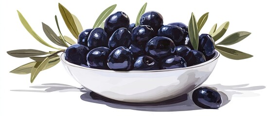 Poster - Bowl filled with glossy ripe black olives surrounded by green olive leaves on a white background showcasing vibrant colors and natural textures