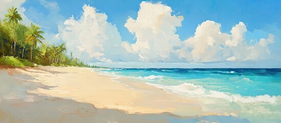 Aufkleber - Tropical beach scene with white sand dunes and turquoise waters under a bright blue sky with fluffy white clouds, lush green palm trees to the left.