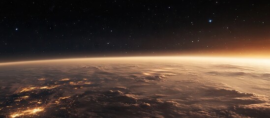 Aufkleber - Expansive view of Earth from space at dawn with warm orange and cool blue tones highlighting clouds and distant stars in a starry sky