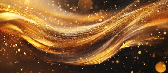 Fototapete - Golden wave designs with shimmering particles on a dark background, featuring flowing lines in warm hues of gold and amber creating a luxurious feel.