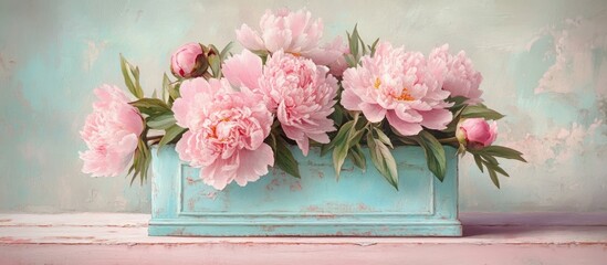 Poster - Soft blue container displays lush pink peony blossoms with leafy accents against a serene pastel backdrop showcasing a harmonious floral arrangement.