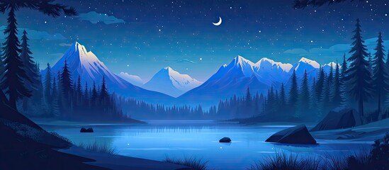 Poster - Misty blue mountains at night with a crescent moon reflecting over a serene lake surrounded by dark evergreen trees and twinkling stars