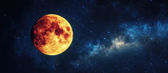 vibrant red-orange blood moon dominates the dark sky, with a stunning blue milky way stretching acro