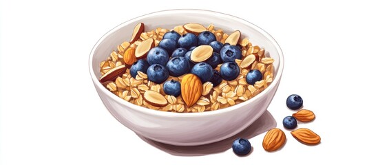 Aufkleber - A white bowl filled with oatmeal topped with fresh blueberries and almonds on a white background showcasing a nutritious breakfast option.