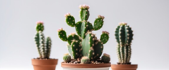 Canvas Print - Fairy Castle Cactus Arrangement in Pots with Blossoms on White Background Ideal for Nature and Home Decor Themes