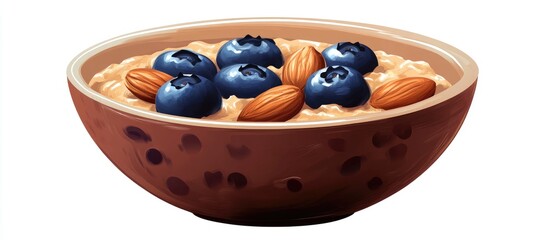 Aufkleber - Bowl of creamy oatmeal topped with fresh blueberries and crunchy almonds in a brown wooden bowl against a white background showcasing a healthy breakfast option