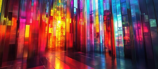 Aufkleber - Vibrant abstract color vertical panels in shades of red, blue, purple, and orange creating a dynamic interplay of light and shadow in a modern space.