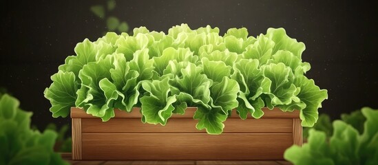 Poster - Vibrant green lettuce in a wooden harvest container centered against a dark background symbolizing organic farming and fresh produce market appeal