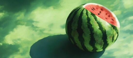 Poster - Vibrant green backdrop with a prominently featured half watermelon showcasing red flesh and seeds casting a distinct shadow on a lively surface