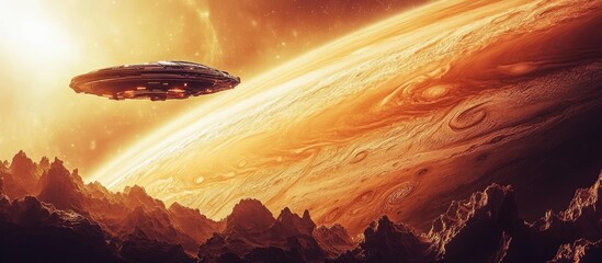 Poster - Futuristic spacecraft hovering near a vibrant orange and yellow planet with dramatic rocky terrain and a bright ethereal sun in the background.