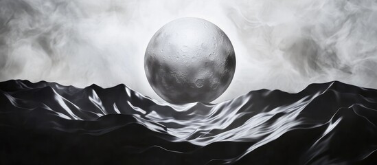 Aufkleber - Moonlit silver foil waves create a spooky modern aesthetic with a large ghostly moon at center against a dark abstract backdrop.