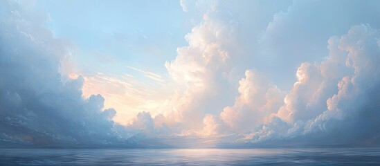 Poster - Calm serene background featuring a gentle blue sky with soft light clouds and a reflective water surface creating a tranquil atmosphere.